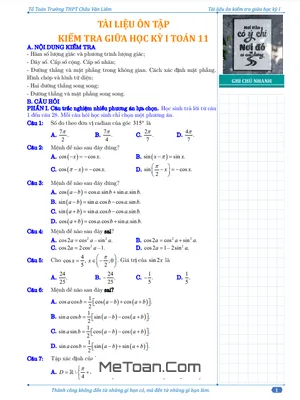 Đề Cương Ôn Tập Giữa Kỳ 1 Toán 11 Năm 2024 - 2025 Trường THPT Châu Văn Liêm - Cần Thơ