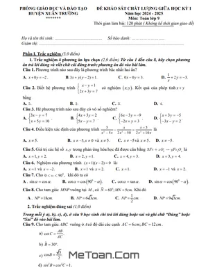 Đề thi giữa học kỳ 1 Toán 9 năm 2024 - 2025 phòng GD&ĐT Xuân Trường - Nam Định