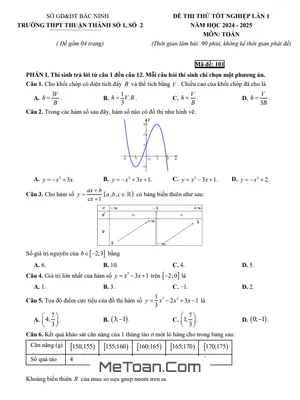 Đề thi thử TN 2025 lần 1 môn Toán trường THPT Thuận Thành 1 & 2 – Bắc Ninh