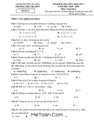 Tải Đề Thi Giữa Kì 1 Toán 6 Năm 2025 – 2026 Trường THCS Ba Đồn (Có Đáp Án Chi Tiết)