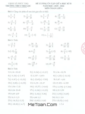Đề cương giữa học kì 2 Toán 6 năm 2025 – 2026 trường THCS Thọ Lộc – Hà Nội