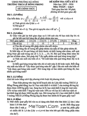 Đề Kiểm Tra Giữa Học Kỳ 2 Toán 9 Năm 2025-2026 THCS Lê Hồng Phong, Hà Nội