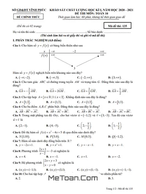 Đề thi học kì 1 Toán 10 năm học 2020 - 2021 sở GD&ĐT Vĩnh Phúc (có đáp án)