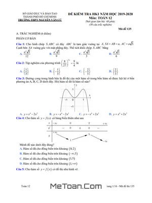 Đề thi HK1 Toán 12 năm 2019 - 2020 trường THPT Nguyễn Văn Cừ - TP HCM (có đáp án)