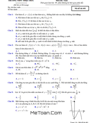 Đề thi KSCL Toán 12 lần 1 năm 2021 – 2022 trường THPT Thiệu Hóa – Thanh Hóa
