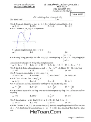 Đề thi KSCL Toán 12 năm 2017 - 2018 trường THPT Phả Lại - Hải Dương mã đề 357