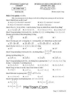 Đề thi học kỳ 2 Toán 10 năm học 2019 - 2020 sở GD&ĐT Nam Định