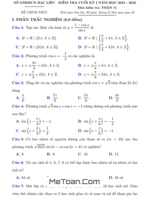 Đề kiểm tra cuối kì 1 Toán 11 năm học 2021 - 2022 sở GD&KHCN Bạc Liêu