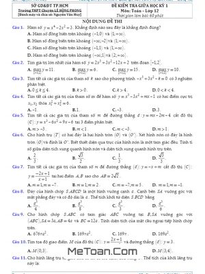 Đề kiểm tra giữa học kỳ 1 môn Toán 12 trường THPT chuyên Lê Hồng Phong - TP. HCM