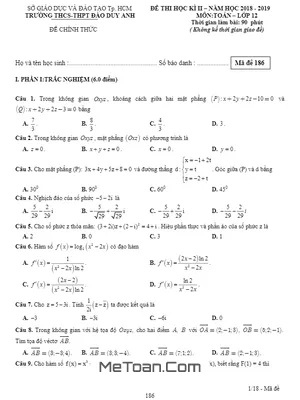 Đề thi học kỳ 2 Toán 12 năm 2018 - 2019 trường Đào Duy Anh - TP HCM (có đáp án)