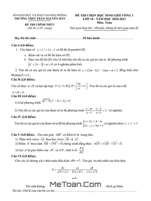 Đề chọn HSG Toán 10 Vòng 1 Năm 2020 - 2021 Trường THPT Trần Nguyên Hãn - Hải Phòng
