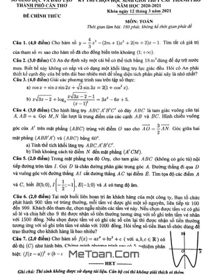 Đề thi học sinh giỏi Toán THPT cấp thành phố Cần Thơ năm 2020 - 2021