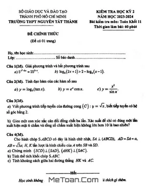 Đề thi học kỳ 2 Toán 11 năm 2023 - 2024 trường THPT Nguyễn Tất Thành - TP HCM