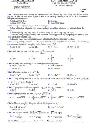 Đề thi thử Toán THPT Quốc gia 2018 trường THPT chuyên Vĩnh Phúc lần 5 có đáp án
