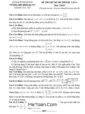 Đề thi thử THPT Quốc gia môn Toán trường Hồng Quang – Hải Dương lần 4 năm 2016 có đáp án