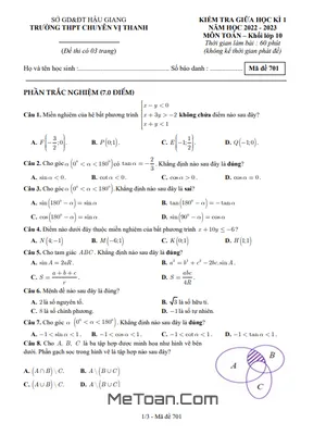 Đề Thi Giữa Kì 1 Toán 10 Năm 2022 - 2023 Trường Chuyên Vị Thanh - Hậu Giang