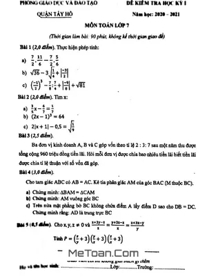 Đề thi học kì 1 Toán 7 năm 2020 - 2021 phòng GD&ĐT Tây Hồ - Hà Nội