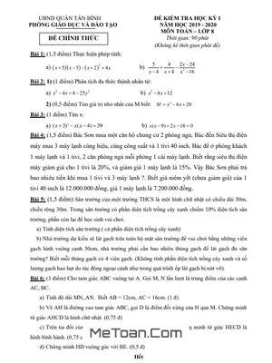 Đề thi học kỳ 1 Toán 8 năm 2019 - 2020 phòng GD&ĐT Tân Bình - TP HCM