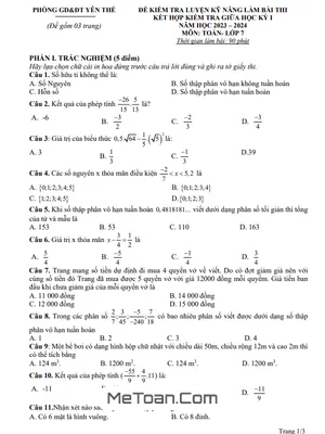 Đề thi giữa học kỳ 1 Toán 7 năm 2023 - 2024 phòng GD&ĐT Yên Thế - Bắc Giang