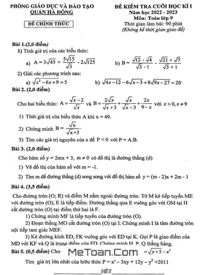 Đề thi học kì 1 Toán 9 năm 2022 - 2023 phòng GD&ĐT Hà Đông - Hà Nội