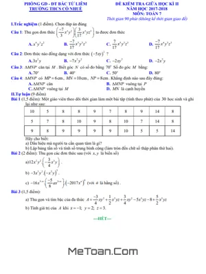 Đề thi giữa học kì 2 Toán 7 năm 2017-2018 trường THCS Cổ Nhuế - Hà Nội
