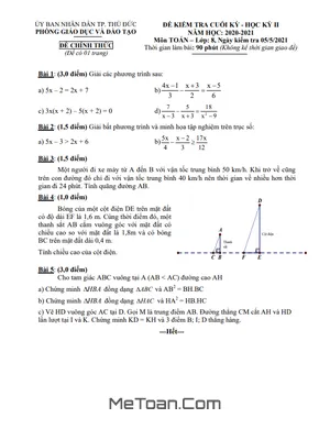 Đề thi Cuối Kỳ 2 Toán 8 Năm 2020 - 2021 Phòng GD&ĐT Thủ Đức - TP.HCM