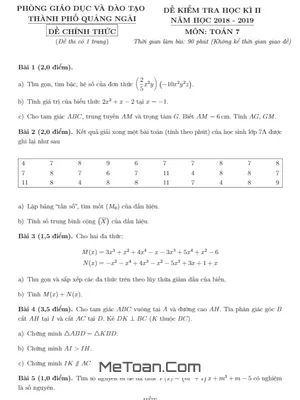 Đề thi HK2 Toán 7 năm 2018 - 2019 phòng GD&ĐT thành phố Quảng Ngãi
