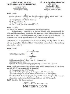 Đề KSCL Toán 9 năm 2020 - 2021 trường THCS Nguyễn Tri Phương - Hà Nội