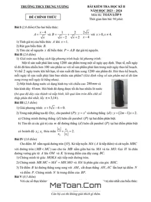 Đề thi học kì 2 môn Toán lớp 9 năm 2023 - 2024 trường THCS Trưng Vương - Hà Nội