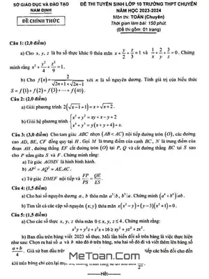 Đề thi vào 10 chuyên Toán Nam Định năm 2023 - 2024