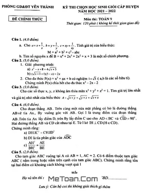 Đề thi HSG Toán 9 huyện Yên Thành, Nghệ An năm 2021 - 2022