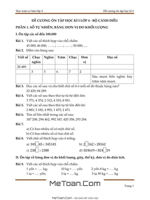 Đề Cương Ôn Tập Cuối Học Kì 1 Môn Toán Lớp 4 (Cánh Diều) - 80 Bài