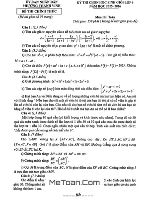 Đề Thi Chọn Học Sinh Giỏi Toán 9 Năm Học 2025 – 2026 Phường Thành Vinh, Nghệ An