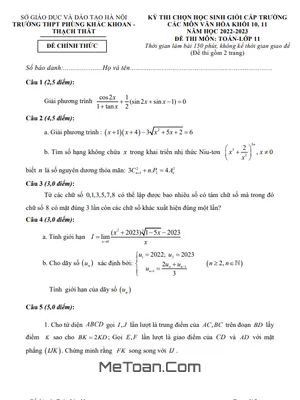 Đề thi học sinh giỏi Toán 11 năm 2022 - 2023 trường THPT Phùng Khắc Khoan - Hà Nội