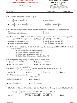 Đề phân ban lần 2 Toán 11 năm 2023 - 2024 trường THPT chuyên Thái Bình