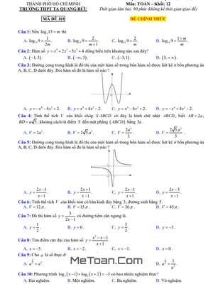 Đề thi học kỳ 1 Toán 12 năm 2022 - 2023 trường THPT Tạ Quang Bửu - TP HCM