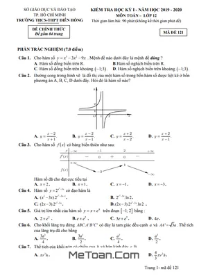 Đề thi học kì 1 Toán 12 năm 2019 - 2020 trường Diên Hồng - TP HCM