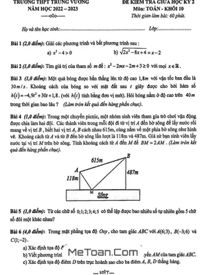 Đề giữa học kỳ 2 Toán 10 năm 2022 – 2023 trường THPT Trưng Vương – TP HCM