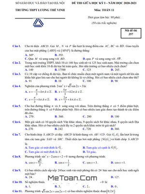 Đề thi giữa HK1 Toán 11 năm 2020 – 2021 trường Lương Thế Vinh – Hà Nội (có đáp án)