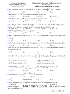 Đề kiểm tra KSCL Toán 12 lần 1 trường THPT A Hải Hậu - Nam Định