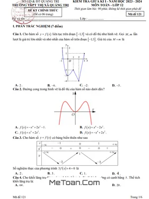 Đề Thi Giữa Kỳ 1 Toán 12 Năm 2023 - 2024 Trường THPT Thị Xã Quảng Trị