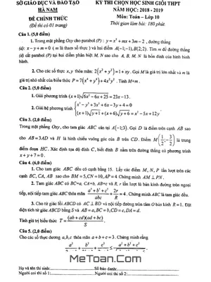 Đề thi học sinh giỏi Toán 10 THPT năm 2018 - 2019 sở GD&ĐT Hà Nam