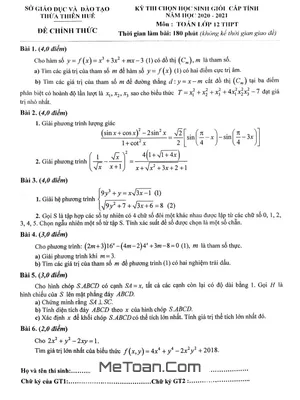 Đề thi chọn HSG tỉnh Toán 12 năm 2020 - 2021 sở GD&ĐT Thừa Thiên Huế