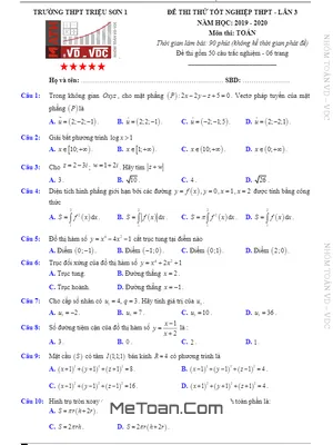 Đề Thi Thử Tốt Nghiệp THPT 2020 Môn Toán Lần 3 Trường THPT Triệu Sơn 1 - Thanh Hóa
