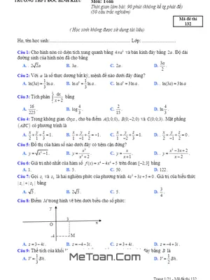 Đề thi diễn tập THPTQG 2018 môn Toán trường Đốc Binh Kiều - Đồng Tháp (Mã đề 132)