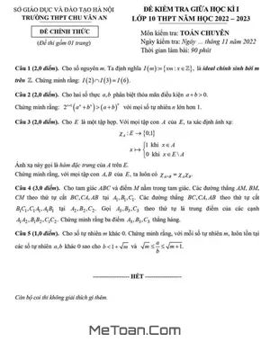 Đề thi giữa kì 1 Toán 10 chuyên năm 2022 - 2023 trường THPT Chu Văn An - Hà Nội