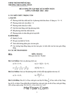 Đề Cương Ôn Tập Học Kỳ 2 Toán 8 Năm 2022 - 2023 Trường THCS Long Toàn - BR VT