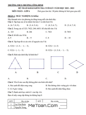 Đề tham khảo cuối kỳ 1 Toán 6 năm 2022 - 2023 trường THCS Trương Công Định - TP HCM