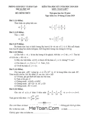 Đề thi học kì 1 Toán lớp 7 năm 2019 - 2020 phòng GD&ĐT Phú Mỹ - BR VT