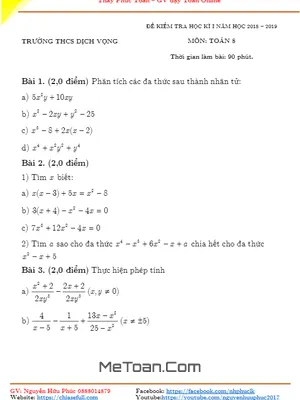 Đề thi HK1 Toán 8 năm học 2018 - 2019 trường THCS Dịch Vọng - Hà Nội